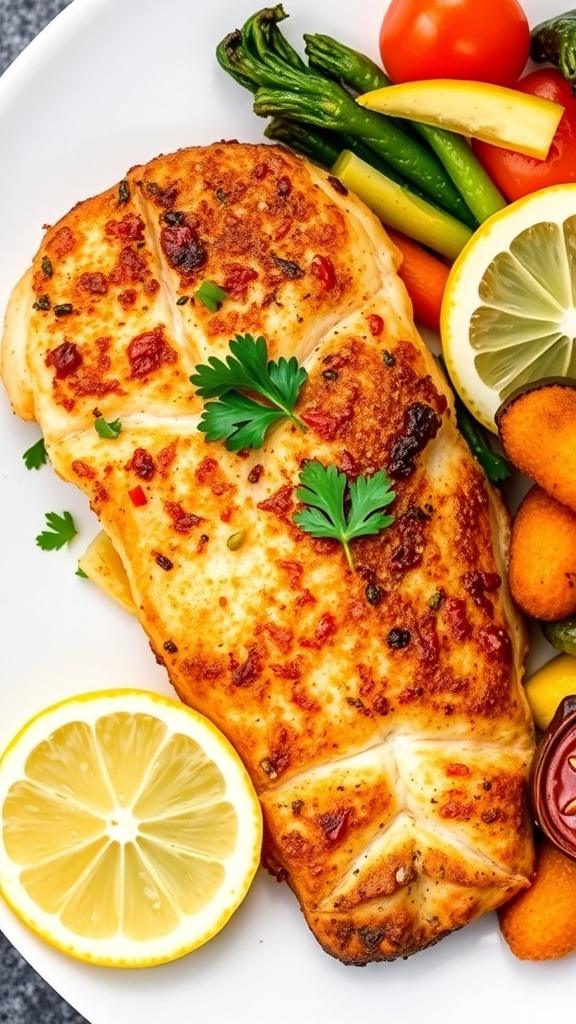 Crispy baked tilapia fillet garnished with parsley, served with vegetables and lemon on a white plate.